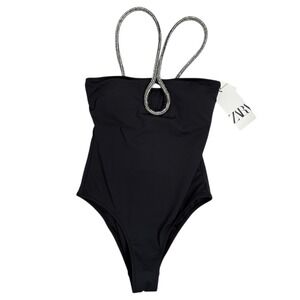 Zara Black One Piece Swimsuit Rhinestone Strap XS Removable Pads NEW